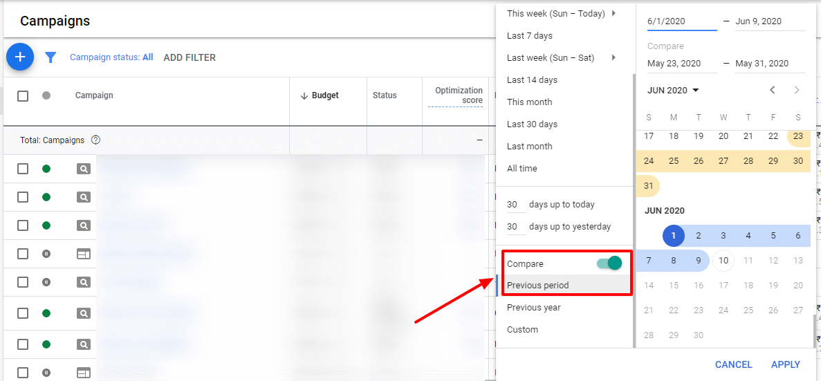 comparison periods google ads